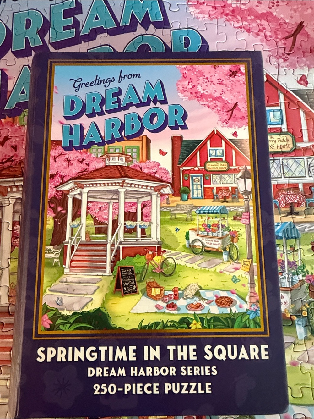 Dream Harbor "Springtime in the Square" 250-Piece Puzzle - Pink & Blue Box